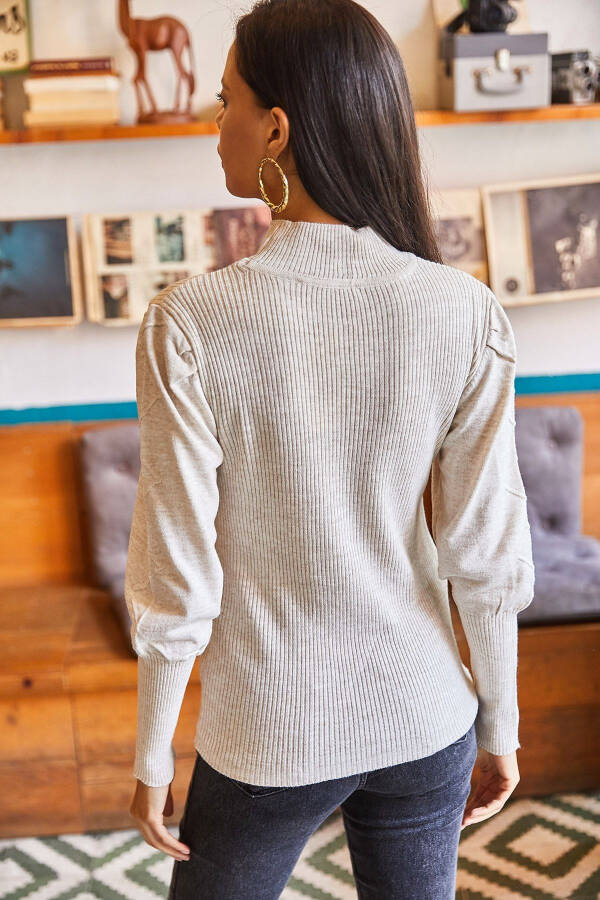 Women's Stone Balloon Sleeve Half Fisherman Neck Knitted Pullover - 4