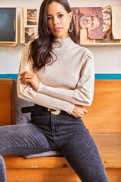 Women's Stone Balloon Sleeve Half Fisherman Neck Knitted Pullover - 5