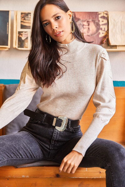 Women's Stone Balloon Sleeve Half Fisherman Neck Knitted Pullover - 6