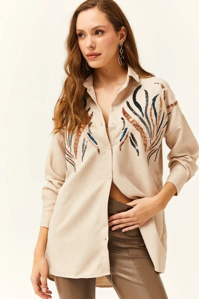 Women's Stone Bead Sequin Wool Effect Oversize Winter Shirt - OLALOOK