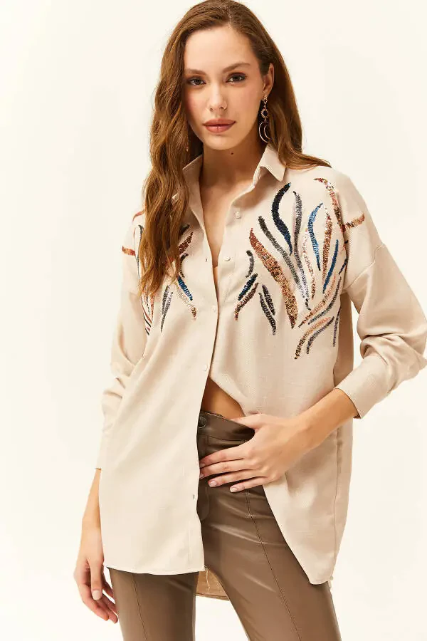 Women's Stone Bead Sequin Wool Effect Oversize Winter Shirt - 2