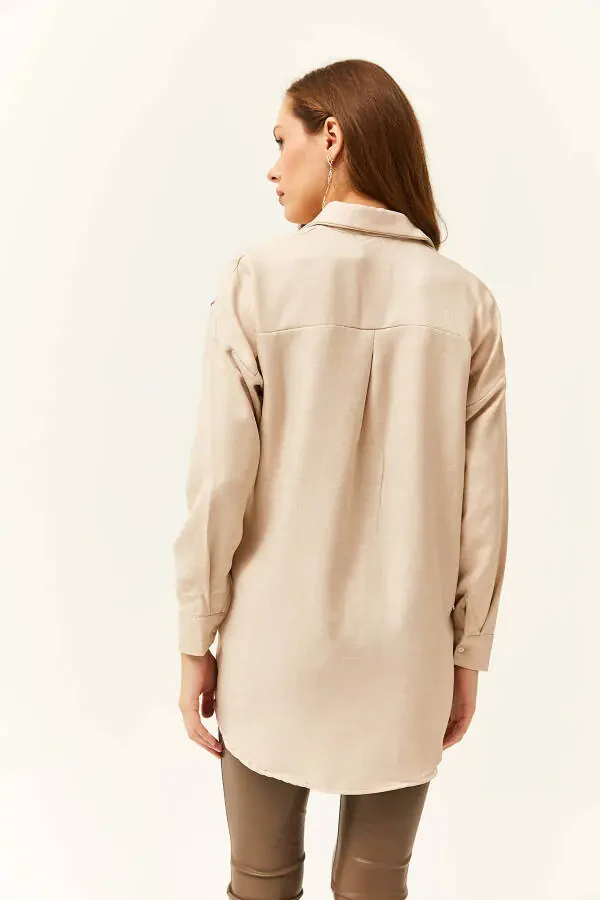 Women's Stone Bead Sequin Wool Effect Oversize Winter Shirt - 4