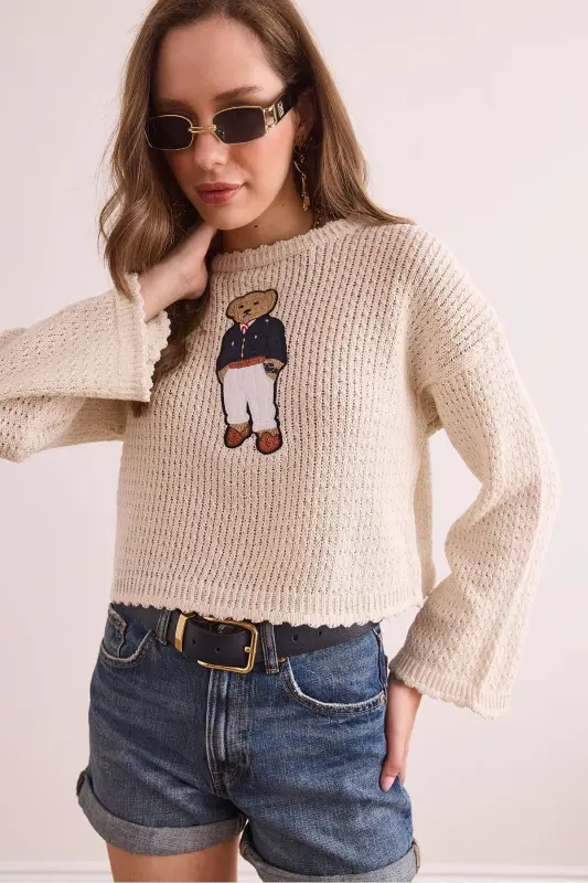Women's Stone Bear Applique Seasonal Knit Blouse BLZ - 4
