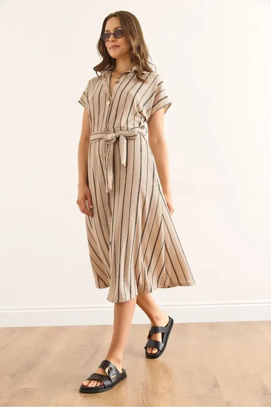 Women's Stone Belted Striped Mini Shirt Dress CLTH-1 - 3