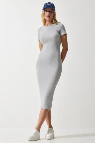 Women's Stone Bicycle Collar Fitted Ribbed Knit Dress UB00241-Stone - 1