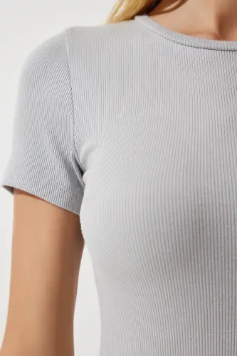 Women's Stone Bicycle Collar Fitted Ribbed Knit Dress UB00241-Stone - HAPPINESS İSTANBUL (1)