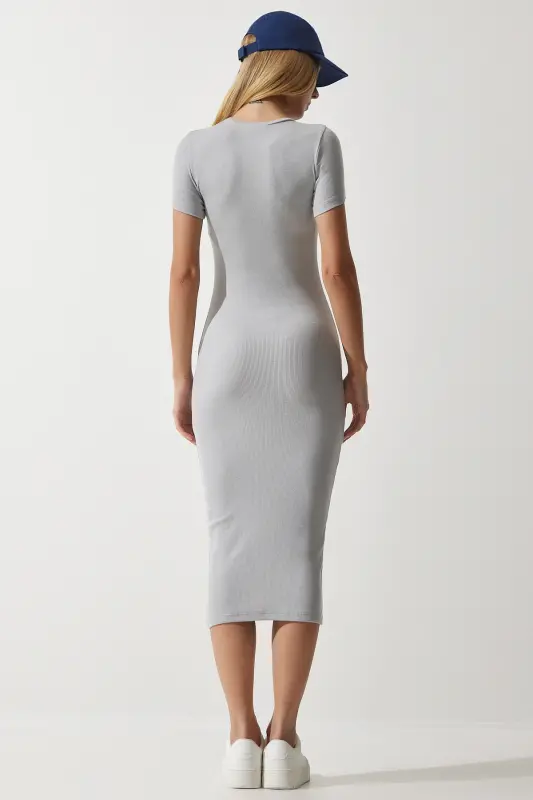 Women's Stone Bicycle Collar Fitted Ribbed Knit Dress UB00241-Stone - 3
