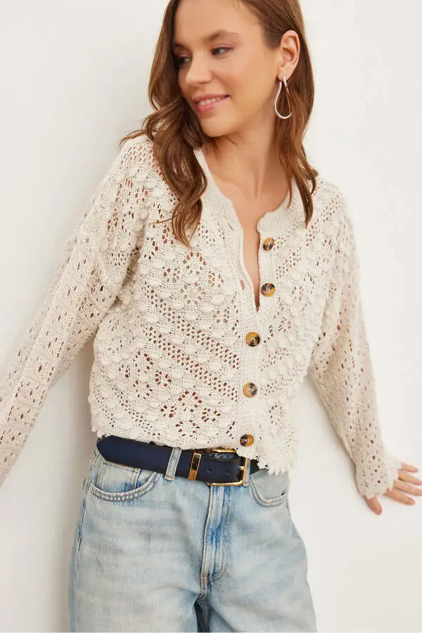 Women's Stone Bike Neck Pompom Lace Knitted Cardigan HRK-19000308 - 1