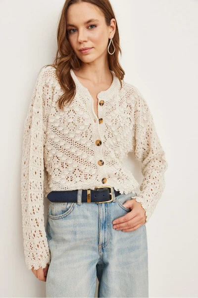 Women's Stone Bike Neck Pompom Lace Knitted Cardigan HRK-19000308 - OLALOOK (1)