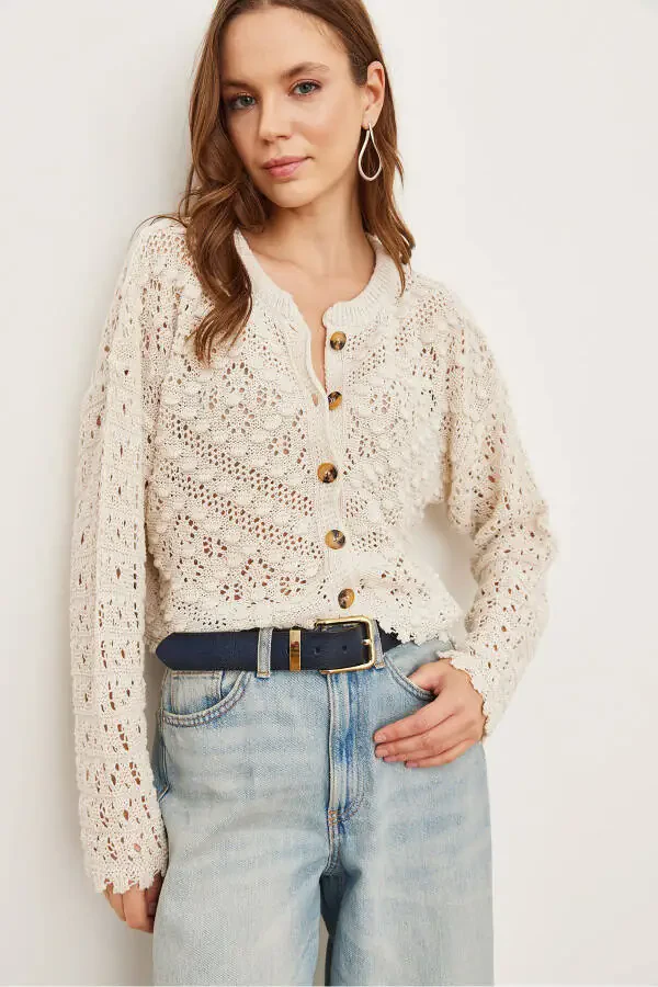 Women's Stone Bike Neck Pompom Lace Knitted Cardigan HRK-19000308 - 2