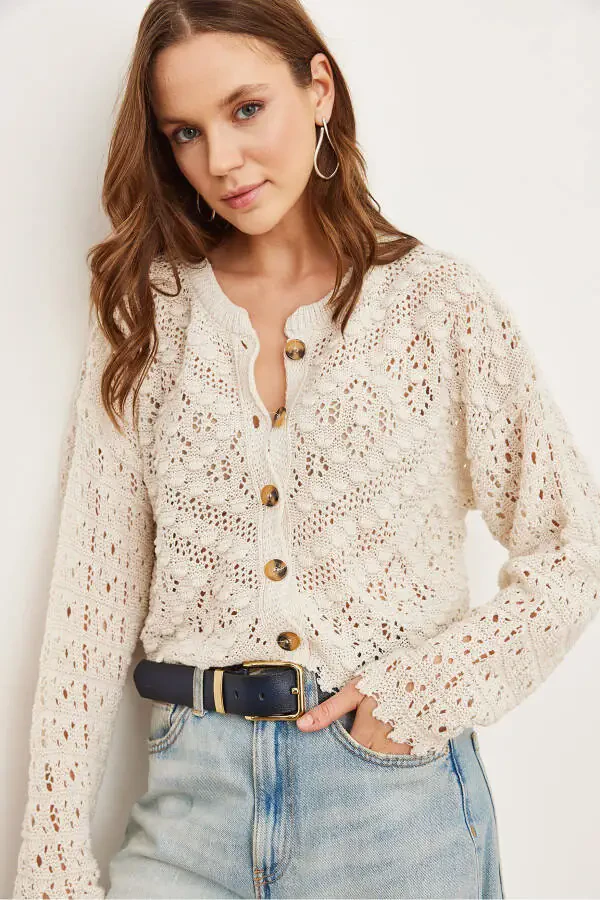 Women's Stone Bike Neck Pompom Lace Knitted Cardigan HRK-19000308 - 3