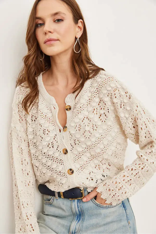 Women's Stone Bike Neck Pompom Lace Knitted Cardigan HRK-19000308 - 4