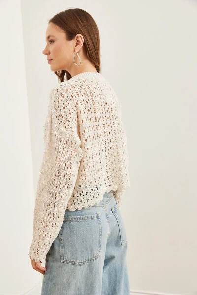 Women's Stone Bike Neck Pompom Lace Knitted Cardigan HRK-19000308 - 6
