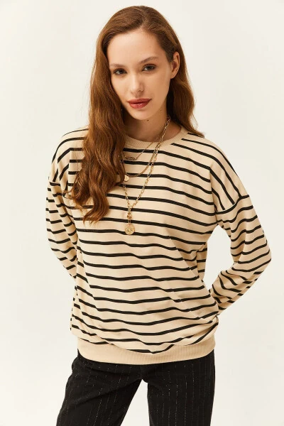 Women's Stone Black Basic Textured Loose Sweatshirt SWT-19000457 - 3