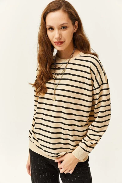 Women's Stone Black Basic Textured Loose Sweatshirt SWT-19000457 - 4