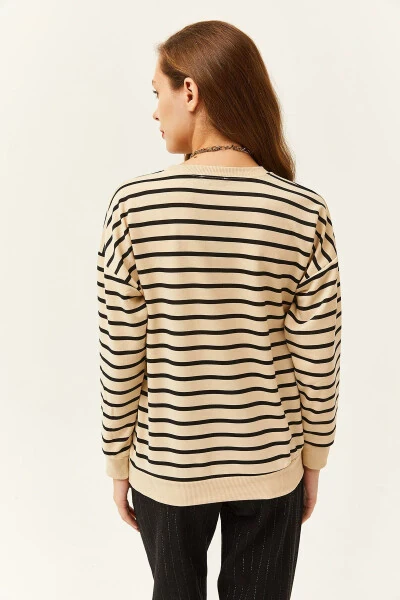 Women's Stone Black Basic Textured Loose Sweatshirt SWT-19000457 - 5