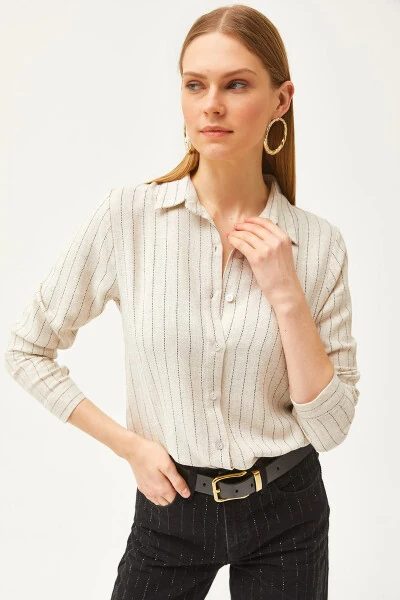 Women's Stone Black Striped Linen Blend Shirt GML-19001176 - OLALOOK