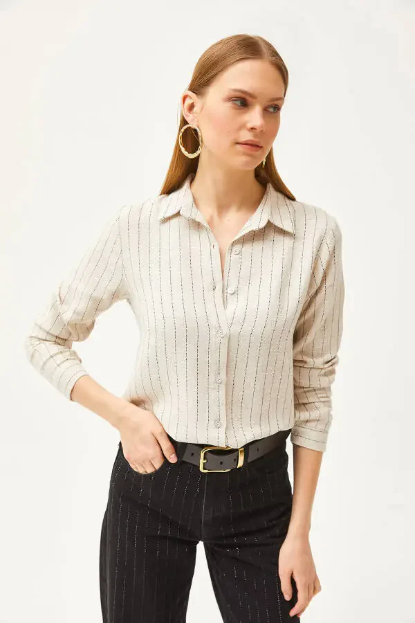 Women's Stone Black Striped Linen Blend Shirt GML-19001176 - 3