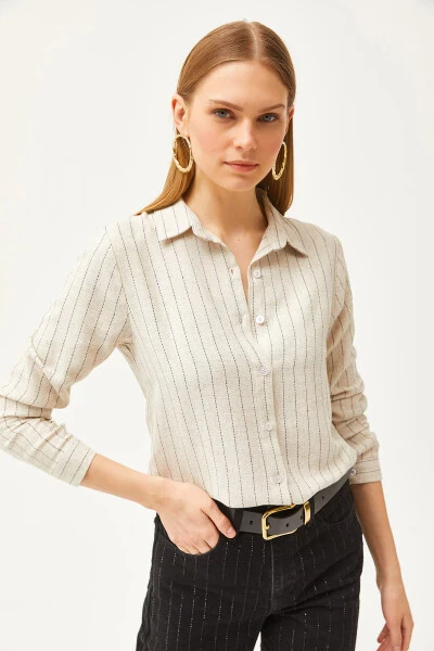 Women's Stone Black Striped Linen Blend Shirt GML-19001176 - 4