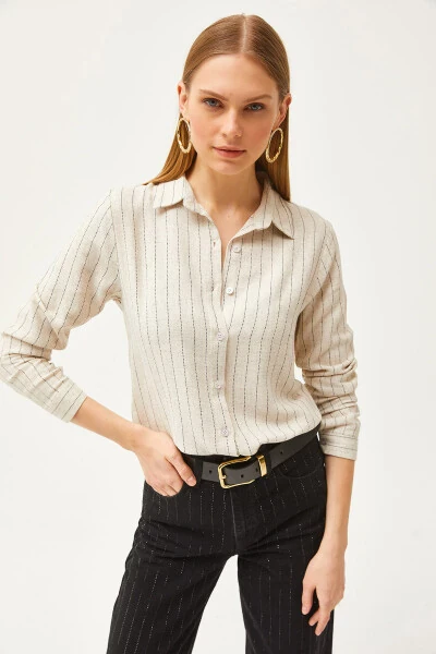 Women's Stone Black Striped Linen Blend Shirt GML-19001176 - 5