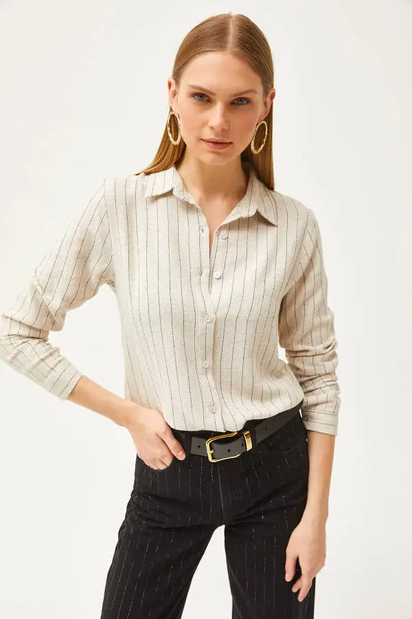 Women's Stone Black Striped Linen Blend Shirt GML-19001176 - 5