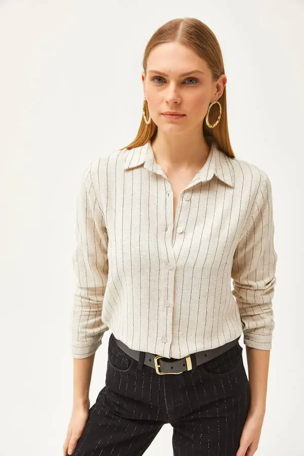 Women's Stone Black Striped Linen Blend Shirt GML-19001176 - 6