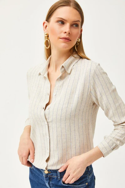 Women's Stone Blue Striped Linen Blend Shirt GML-19001176 - OLALOOK