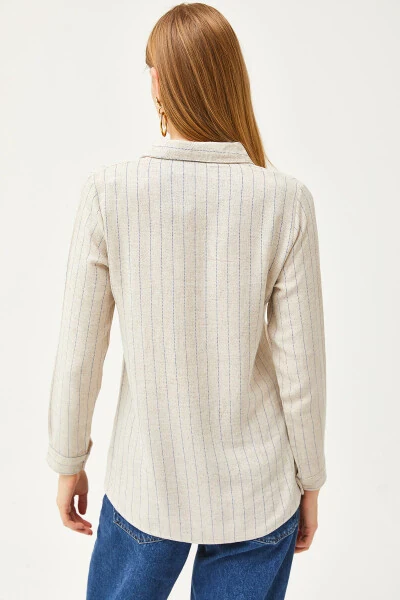 Women's Stone Blue Striped Linen Blend Shirt GML-19001176 - OLALOOK (1)
