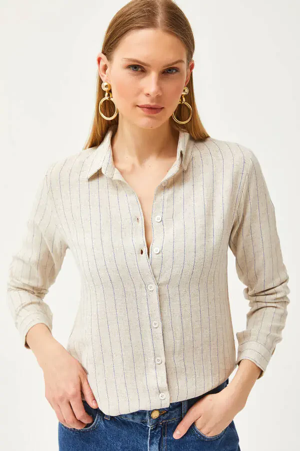 Women's Stone Blue Striped Linen Blend Shirt GML-19001176 - 3