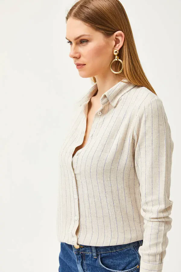 Women's Stone Blue Striped Linen Blend Shirt GML-19001176 - 4