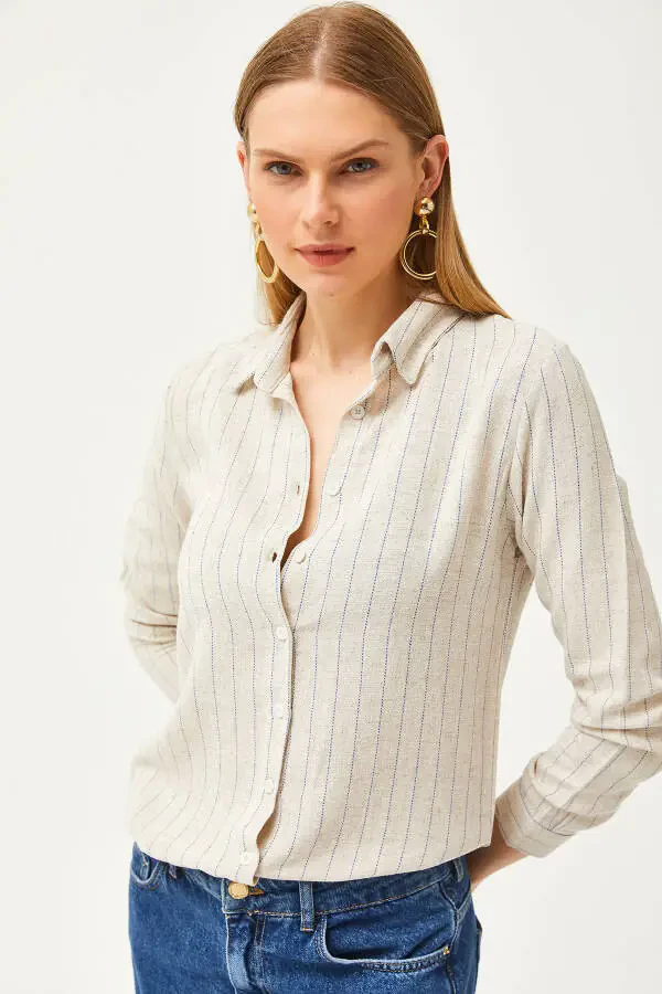 Women's Stone Blue Striped Linen Blend Shirt GML-19001176 - 5