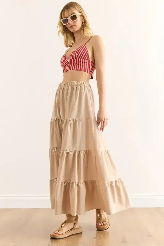 Women's Stone Bow Detailed Panelled Bell Skirt ETK-1900 - OLALOOK