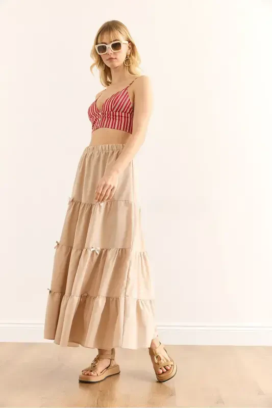 Women's Stone Bow Detailed Panelled Bell Skirt ETK-1900 - 2