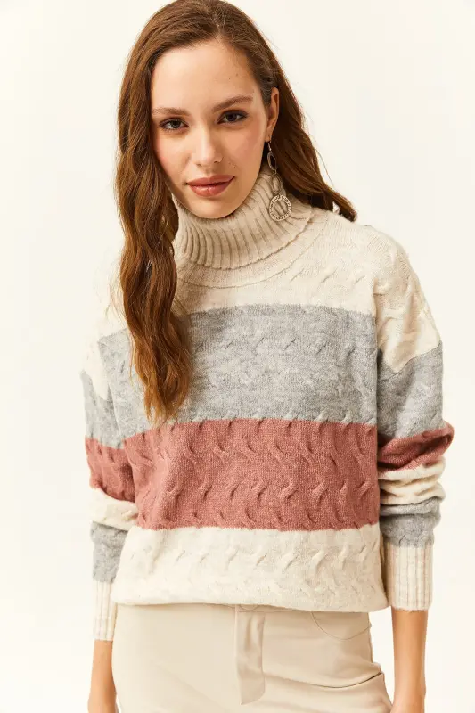 Women's Stone Braided Detailed Striped Soft Textured Knitted Sweater-Stone - 2