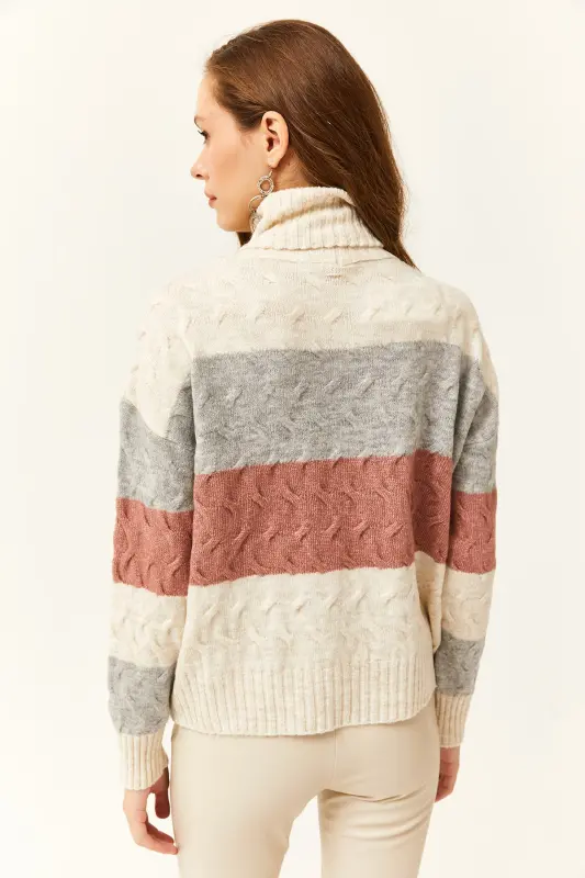 Women's Stone Braided Detailed Striped Soft Textured Knitted Sweater-Stone - 5