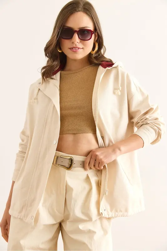 Women's Stone Burgundy Pockets Zipper Snap Detailed Gabardine Jacket CKT-19000419-Stone Burgundy - 4