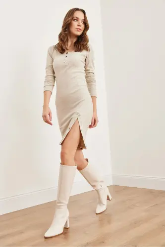 Women's Stone Button Detailed Slit Fleece Flexible E - 4