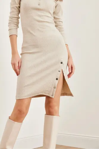 Women's Stone Button Detailed Slit Fleece Flexible E - 6