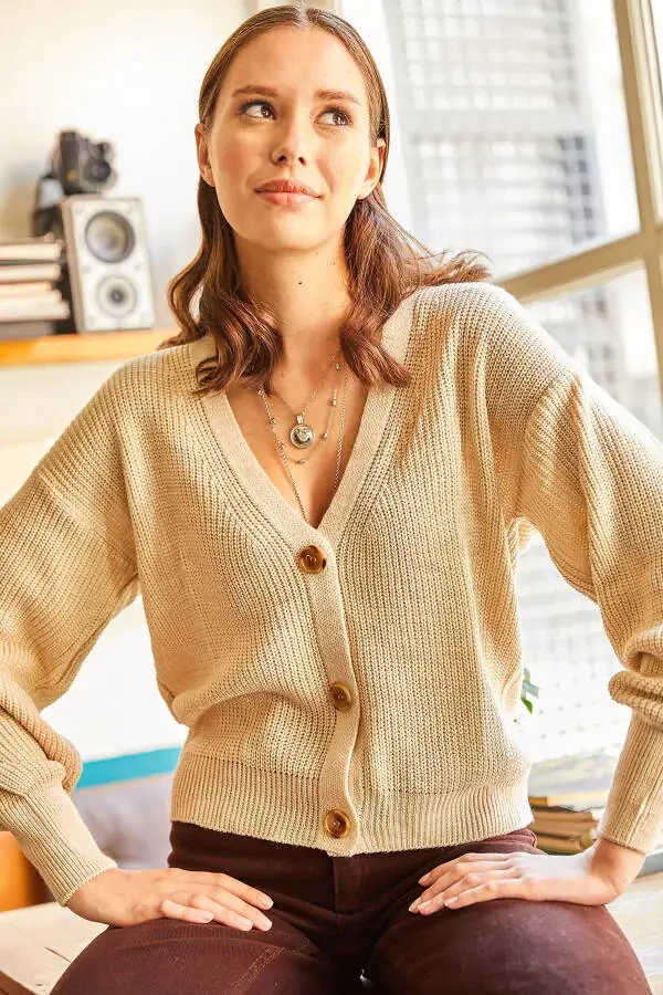 Women's Stone Buttoned Knitted Cardigan HRK-19000097 - 3