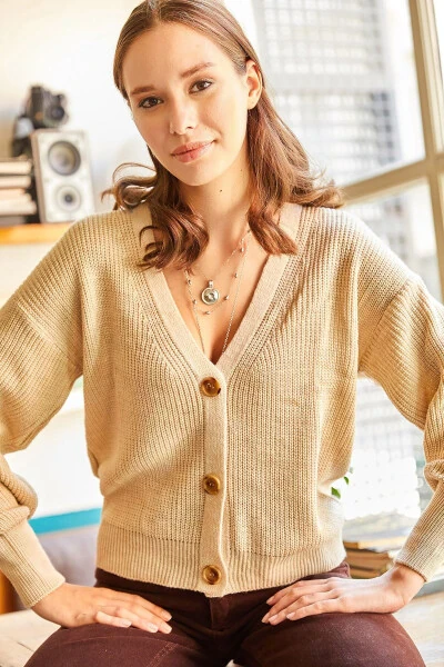 Women's Stone Buttoned Knitted Cardigan HRK-19000097 - 4
