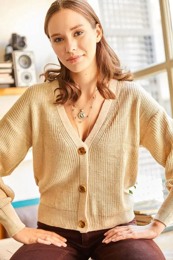 Women's Stone Buttoned Knitted Cardigan HRK-19000097 - 4