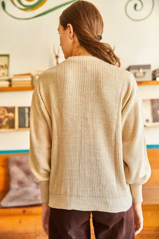 Women's Stone Buttoned Knitted Cardigan HRK-19000097 - Stone - 5