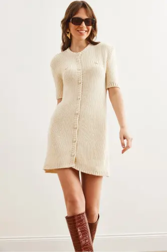 Women's Stone Buttoned Mini Knitted Dress ELB-19002329-T 