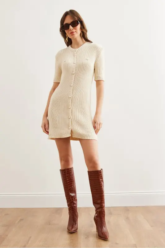 Women's Stone Buttoned Mini Knitted Dress ELB-19002329-T - 2