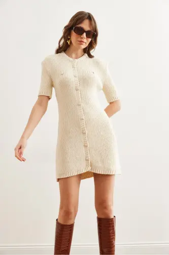 Women's Stone Buttoned Mini Knitted Dress ELB-19002329-T - 3