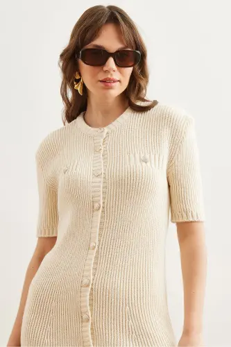 Women's Stone Buttoned Mini Knitted Dress ELB-19002329-T - 4