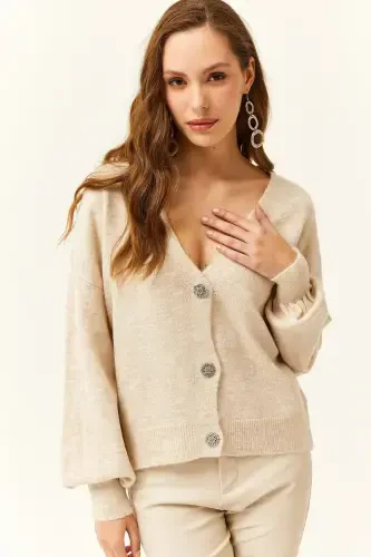 Women's Stone Buttoned Soft Texture Knit Cardigan HRK-19000253-Stone - 1