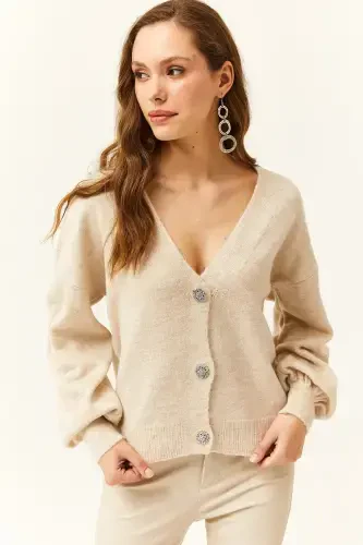 Women's Stone Buttoned Soft Texture Knit Cardigan HRK-19000253-Stone - OLALOOK (1)