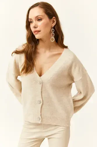 Women's Stone Buttoned Soft Texture Knit Cardigan HRK-19000253-Stone - 3
