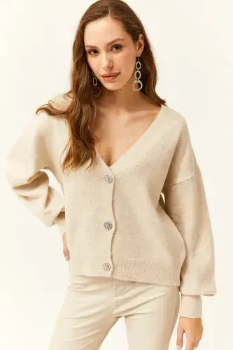 Women's Stone Buttoned Soft Texture Knit Cardigan HRK-19000253-Stone - 4
